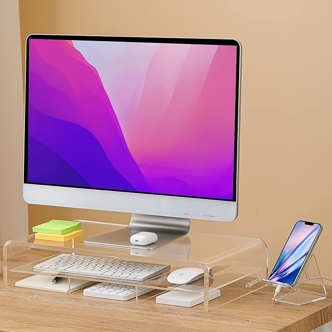 Acrylic Monitor Stand - 20" L x 10" W x 4" H Clear Riser With Removable Storage Compartment for Laptop, TV Screen, Printer - Includes Free Cell Phone Stand