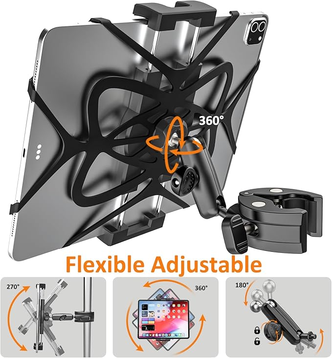 Motorcycle Bike Tablet Holder [Strong Stability & Durability] Bicycle Boat Stroller Gym Spin Bike Treadmill Tablet Mount Handlebar Clamp for iPad Pro Air Mini, Galaxy Tab, Kindle, Phone, 4-13"