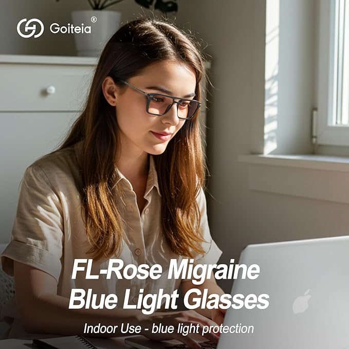 Goiteia FL-Rose Migraine Glasses,Blocks 480–520 nm Light, Light Sensitivity Glasses for Fluorescent LED Glare,Photophobia