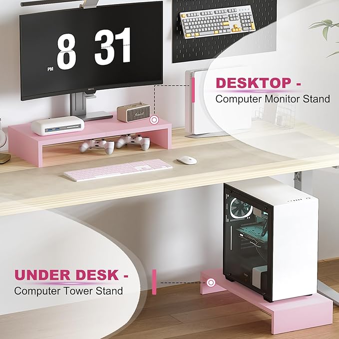 TEAMIX 2 Pack Pink Monitor Riser-20L inch, Cute Monitor Stand for Desk, Wood Sturdy TV/Screen/PC/Printer/Laptop Riser, Computer Shelf with Storage Desktop Organizer for Home Office
