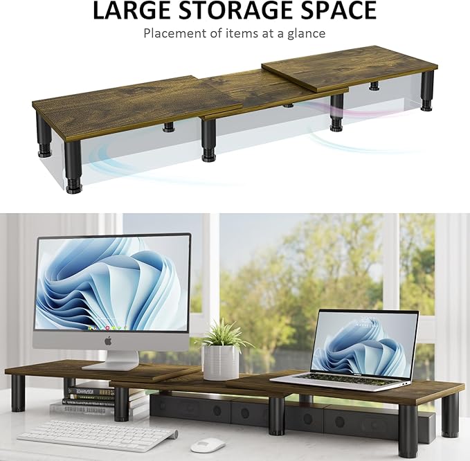 AX WABER Dual Monitor Stand Riser, Monitor Stand with Adjustable Length and Angle, Wood Monitor Stand for Desk, Monitor Riser for 2 Monitors with Storage Space