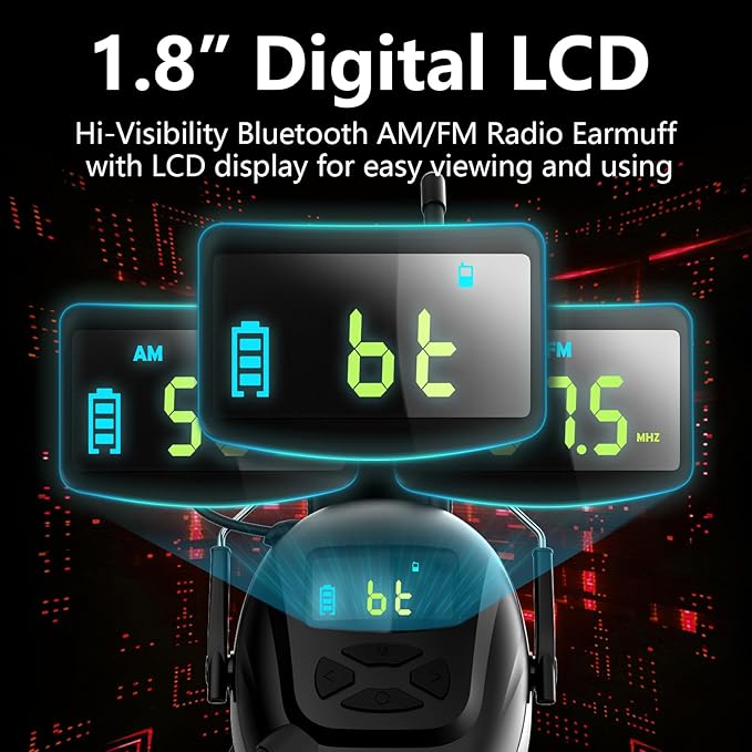 Bluetooth 5.4 Hearing Protection AM FM Radio Headphones with Digital Display, 30 SNR Noise Reduction Safety Earmuffs with Rechargeable 2000 mAh Large Battery, Ear Protector for Mowing Lawn Work