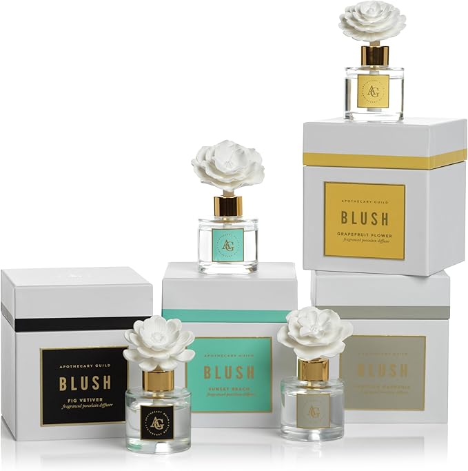 Zodax Apothecary Guild Blush Porcelain Oil Diffuser - Home Fragrance Diffuser Ideal for Living Room, Bathroom, Office - Makes a Great Gift - Porcelain Flower Design - Sunset Beach - 1.69 Oz.