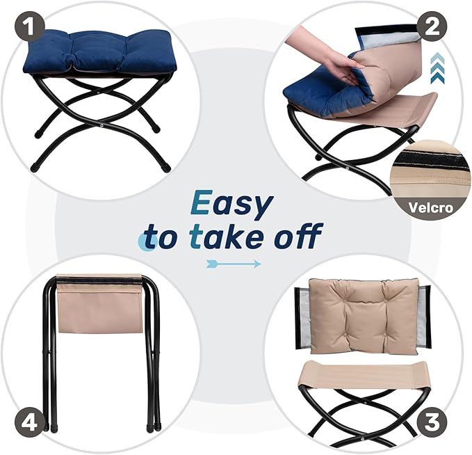 HollyHOME 15"(H) Folding Footrest Stool, Upholstered Small Foldable Ottoman, Accent Padded Sofa Foot Stool for Lazy Chair, Metal Frame Portable Foot Rest Ottoman for Living Room, Bedroom, Royal Blue