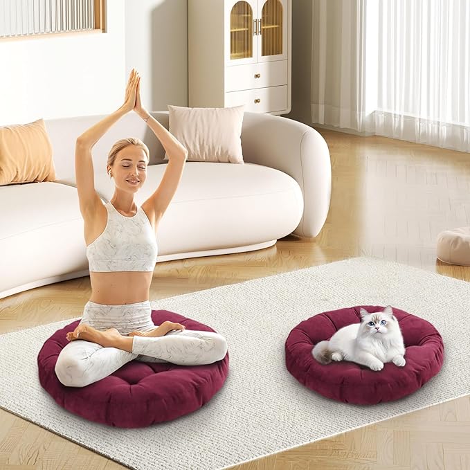 Meditation Floor Pillow Set of 2 Large Round Floor Cushions for Adults Tufted Corduroy Floor Seat Pillows Cushion for Living Room Tatami Yoga,Wine Red 22" L x 22" W x 5" H