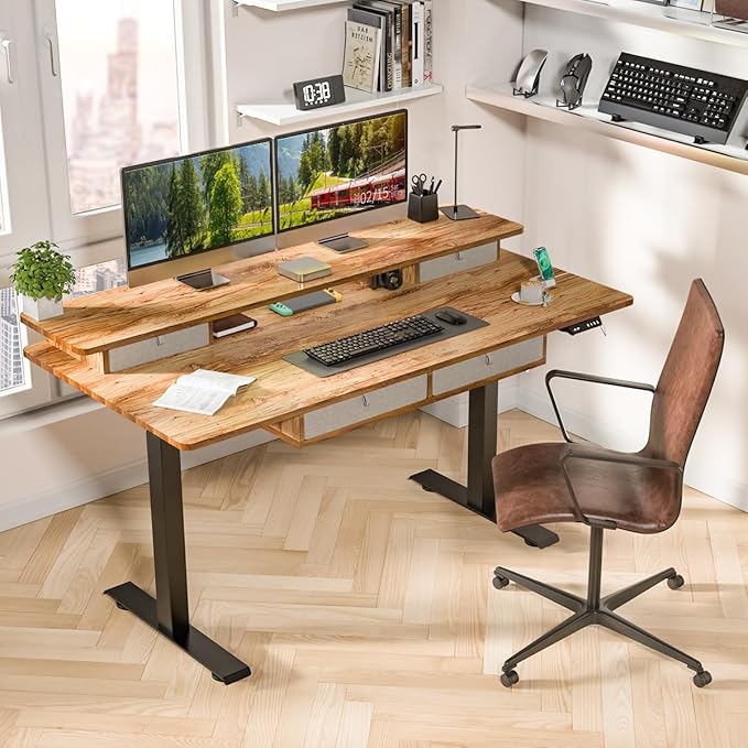 Standing Desk with Fast Charging USB Ports, 63" x 30" Height Adjustable Home Office & Gaming Desk, Sit Stand Desk with Built-in Storage Shelf, Hook & Ergonomic Design(Light Rustic)