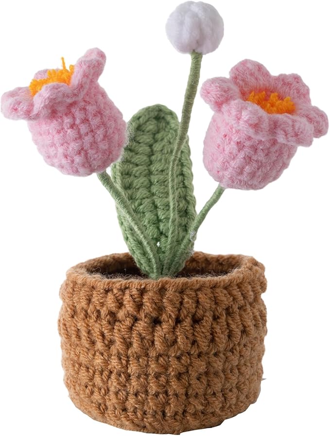 Handmade Crochet Flowers, Small Potted Plants, Knitted Canterbury Bells Desk Decorations for Home Office Decor (Two Heads)