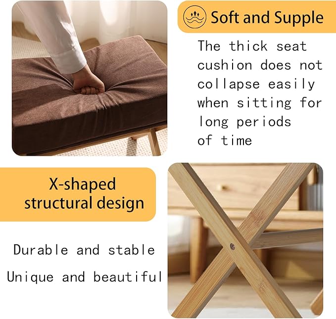Folding Footrest Stool, Small Accent Ottoman with Thick Cotton Cushion & Bamboo X Legs, Modern Padded Sofa Stool for Makeup Bedroom Living Room (Brown)