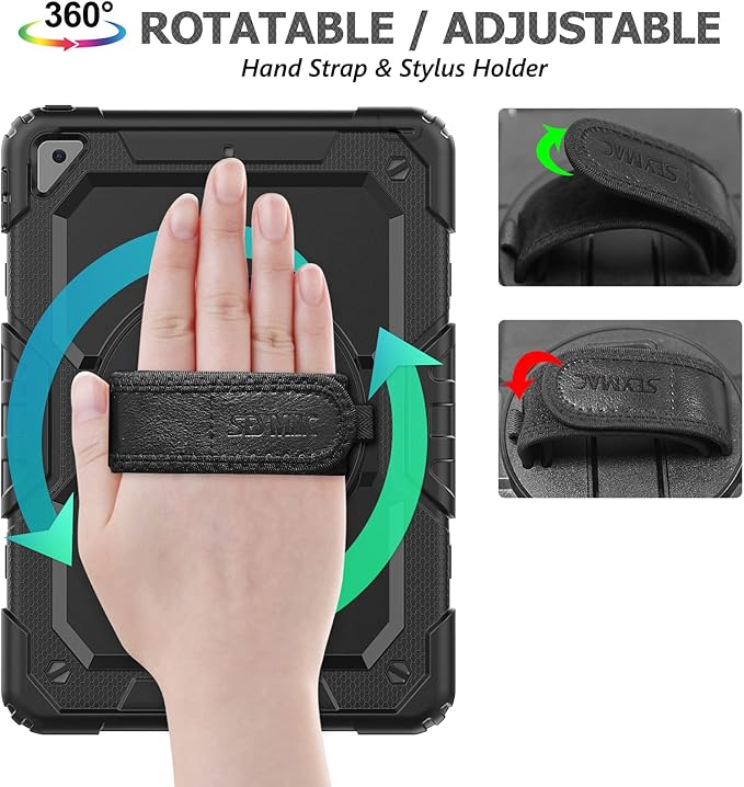 SEYMAC stock Case for iPad 9th/ 8th/ 7th Generation 10.2'', Shockproof with Screen Protector, Pencil Holder [360° Rotating Hand Strap] & Stand, for iPad 10.2 inch 2021-2019 (Black)