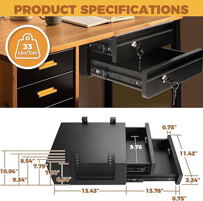 14 In Double Under Desk Drawer,Under Desk Pull Out Drawer with Lock and Keys,Adjustable Height, Metal Storage Drawer with Slide Extension Mounted Under Flat Wooden Table or Workbench, Black