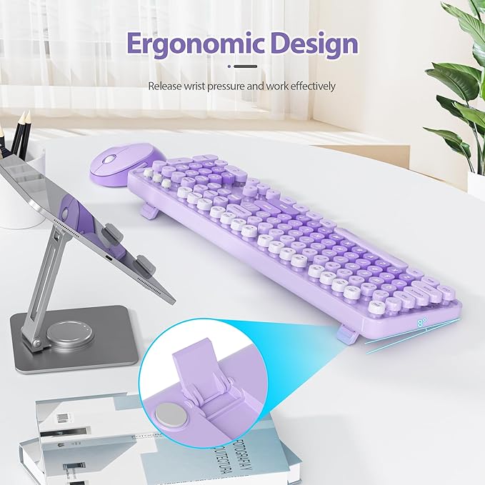 Fogruaden Purple Retro Typewriter Keyboard and Mouse Wireless, 2.4GHz Office Full-Sized Colorful Computer Keyboard with Number Pad and Cute Mouse for Windows PC Desktops Laptop