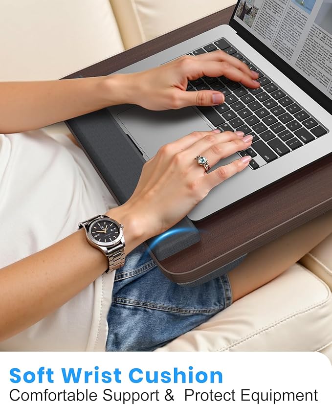Portable Lap Desk, Laptop Stand for Bed with Soft Wrist Rest, Tablet/Phone Slot, Fabric Handle, Laptop Bed Table with Cushion (Dark Brown)