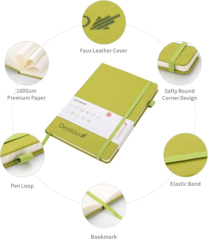 Deziliao Lined Journal Notebooks with Pen Loop, Hardcover Notebook Journal for Work, 100Gsm Premium Thick Paper with Inner Pocket, Medium 5.7"x8.4", （Green, Ruled）