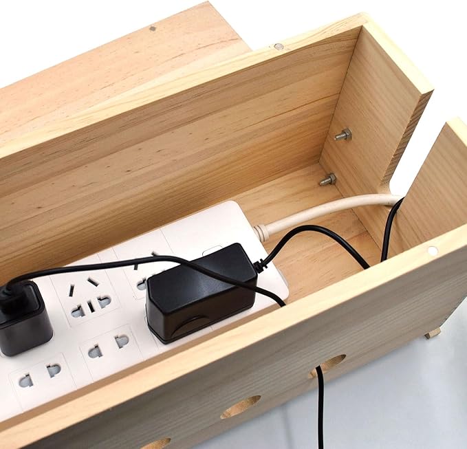 Large Cable Management Box, Wood Cord Hider Box & Organizer for Power Strip Hider Cable Storage for Office, TV Wires, Desk Cord Organizer, 14.2" x 6" x 6.3", Natural, Wood