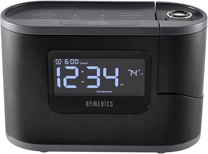 Homedics SoundSleep Recharged Alarm Clock & White Noise Sound Machine, 6-in-1 Projection Alarm Clock and Sleep Sound Machine, 8 Nature Sounds and Indoor Temperature Sensor, Auto-Off Timer