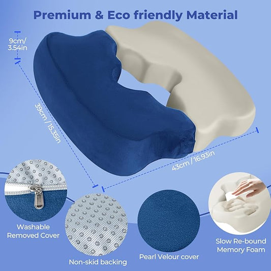 SAHEYER Bed Sore Cushions for Butt, Memory Foam Hemorrhoid Pressure Relief Pillow with Center Hole and Tailbone Cutout, for Long Sitting Coccyx, Sciatica, Postpartum, Pregnancy, After Surgery, Blue