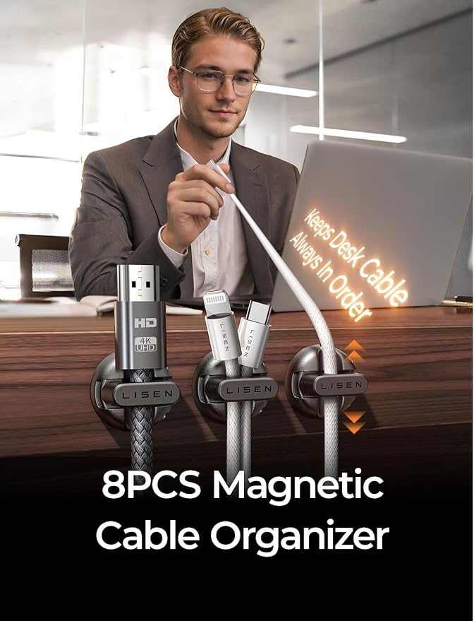 8-Pack Magnetic Cable Clips [1S Snap-On] Cord Holder, LISEN Office Desk Organizers and Accessories with 4 Extra Strong Adhesive Pads, Wire Organizer for Nightstand, Home, Wall, Car, Desktop