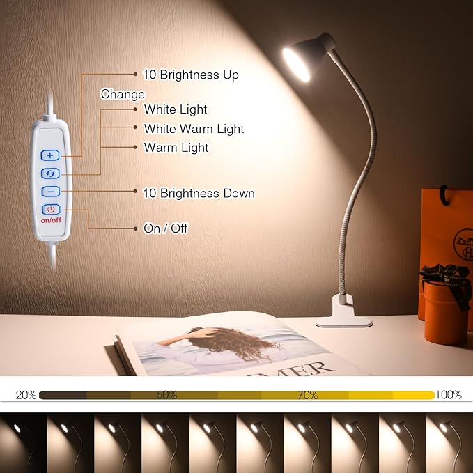Clamp Desk Lamp, Clip on Reading Light, 3000K-6500K Adjustable Color Temperature, Multiple Illumination Modes, CRI>90, 6Watts (Adapter Not Included)