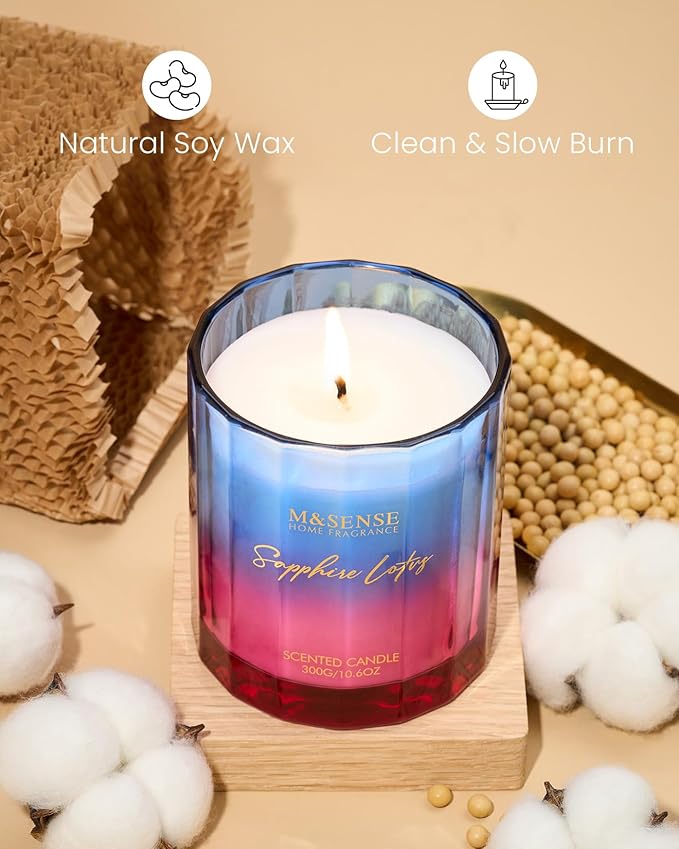 M&SENSE Summer Water Lily Scented Candle, 10.6oz Natural Soy Wax Non Toxic 60-Hour Burn Time Cotton Wick Aromatherapy Candle for Women, Housewarming & Luxury Gifts