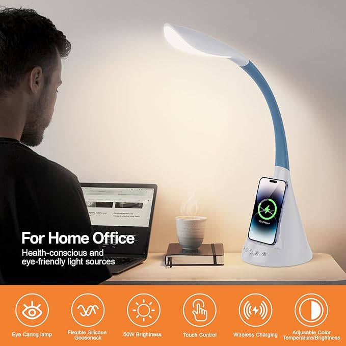 LED Touch Screen Control Desk Lamp, 50 Watt Smart Wireless Fast Charging, 360° Gooseneck Adjustment, 9Amplified Lighting Modes, 5 RGB Scents, Home Office, Reading, Architects Task Lamps