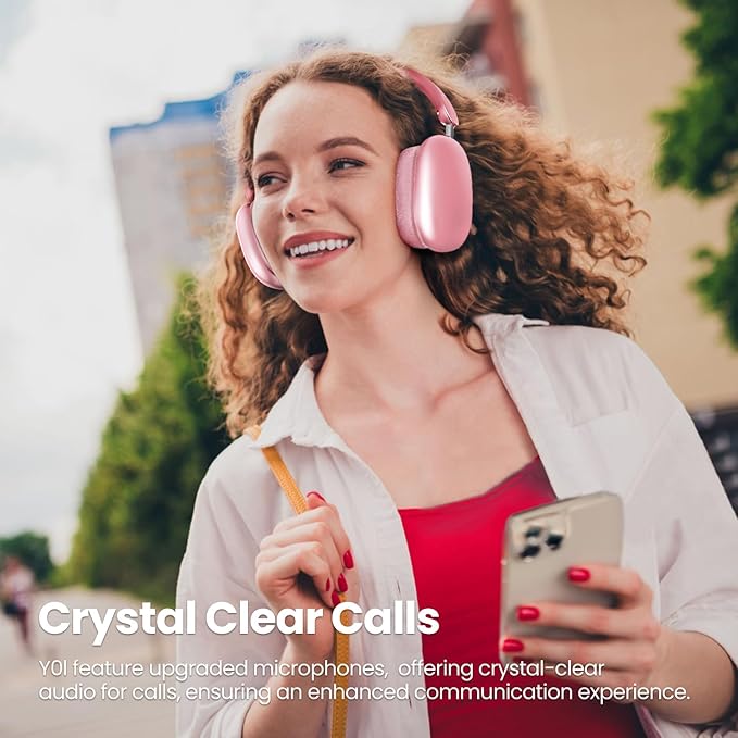 Y01 Wireless Over Ear Headphones, Noise Canceling Bluetooth 5.3 Headphones with Microphones,Hi-Res Audio,48H Playtime,Foldable,Breathable Soft Earpads for iOS/Android/Samsung/PC-Pink