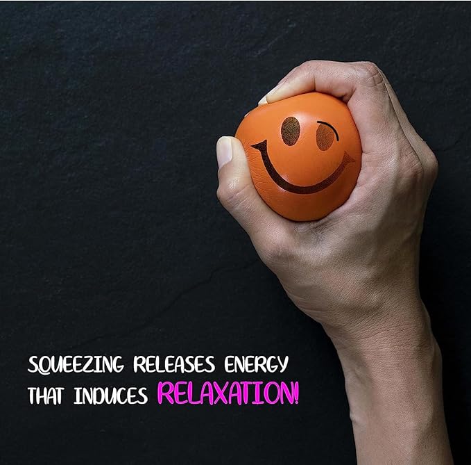 Neliblu Neon Smile Stress Balls for Adults and Kids - Foam Squeeze Balls for Stress Alleviation, Relaxation and Fun - Pack of 12 Happy Face 2.5-Inch Stress Balls - Ideal for Parties, Therapy, and Toys