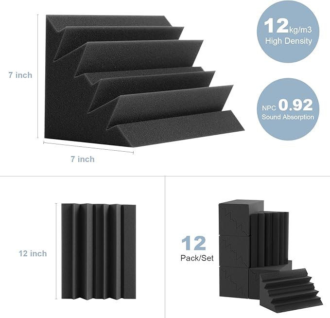 12 Pack Bass Traps Corner Acoustic Foam Corner 7''x7''x12'' Sound Proof Foam Panels for Walls Acoustic Wall Panels for Music Room Home Recording Studio