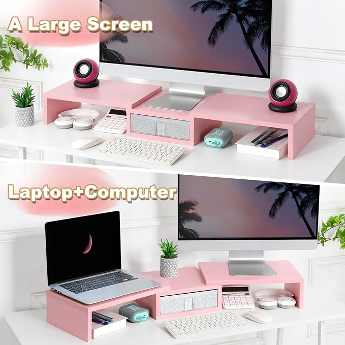TEAMIX Pink Dual Monitor Stand Riser with Drawer - Length and Angle Adjustable Double Corner Desk Shelf Organizer 37 inch for 2 Laptop/PC/Screen/TV
