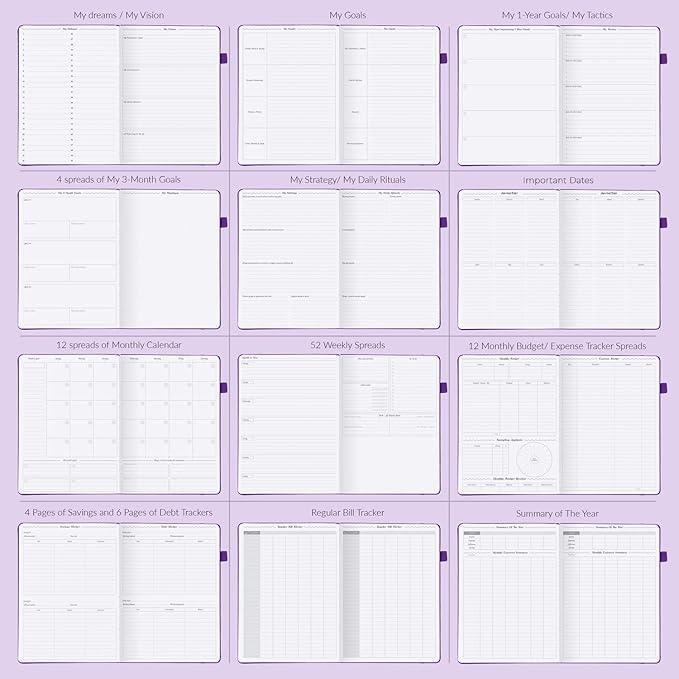 GoGirl Planner PRO - Undated Horizontal Layout Weekly Planner and Organizer + Budgeting and Expense Tracking Pages, Goals Journal & Agenda, 7" x 10" Hardcover, Lasts 1 Year - Purple
