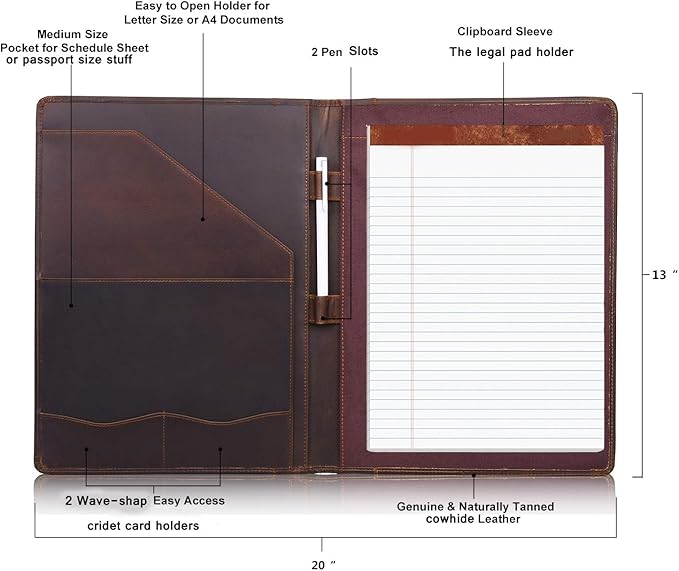 Jack&Chris Leather Portfolio, A4 Document Folder Legal Pad Padfolio, Professional Writing Letter Notepad Clipboard Sleeve Organizer, Resume Folio Binder for Men&Women,JC1823