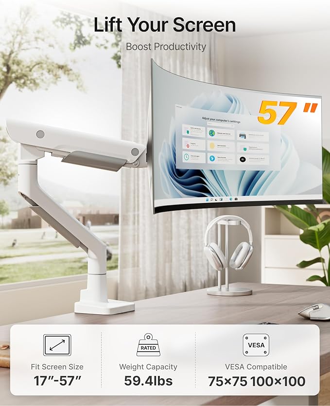monTEK Sleek Aluminum Monitor Arm for 17–57” Ultrawide Screens up to 59 lbs, Heavy Duty Single Monitor Arm Desk Mount, Pneumatic Lift, Quick-Release Plate, Clamp/Grommet, Max VESA 100x100