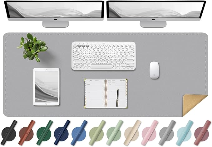 BLESWIN Large Desk Pad, 47.2'' x 23.6'', Office Desk Mat, Computer Mat for Desk, Leather Desk Pad Protector, Sewing Desk Blotter, Desktop Writing Pad for Office/Home/Decor Light Grey