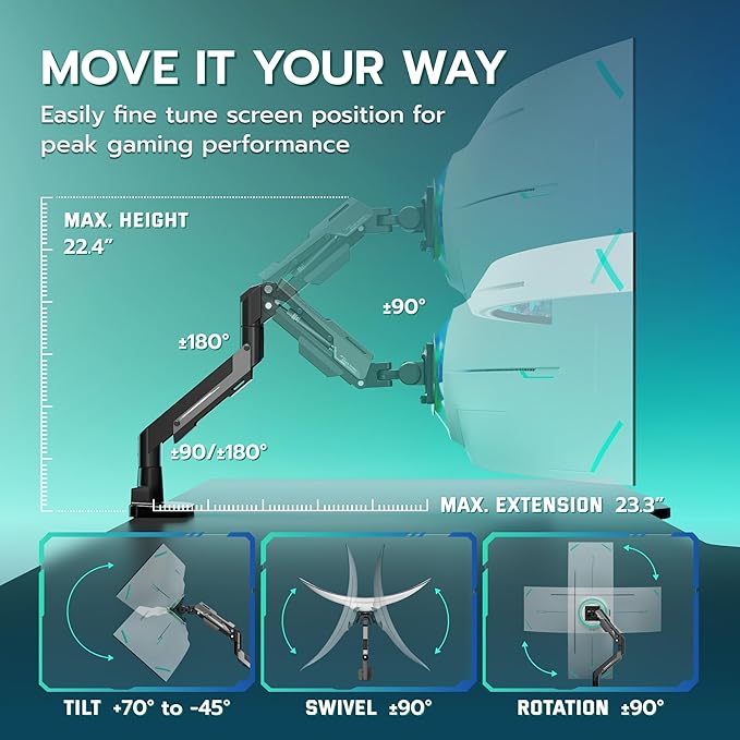 ARES WING Heavy Duty Single Monitor Arm - Gas Spring Aluminum Monitor Mount for 24"-57" Ultrawide Screens up to 66 lbs with Clamp/Grommet Desk Mount, 75/100/200 Vesa Mount, Black