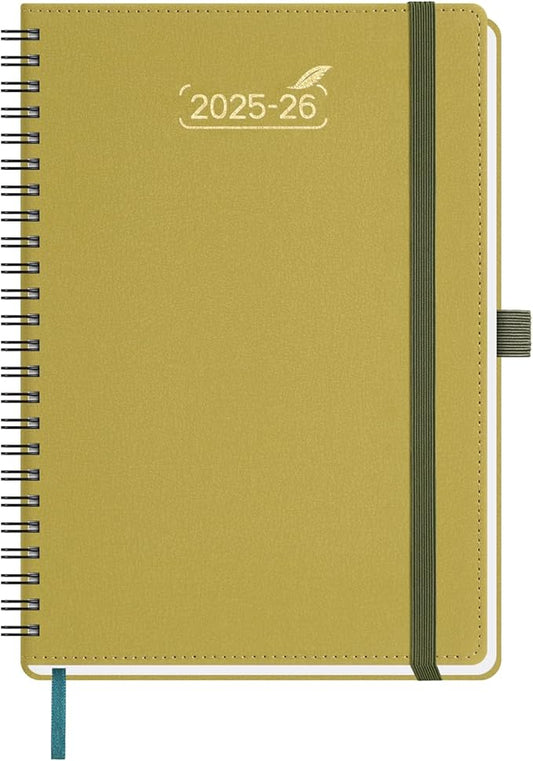 BEZEND Weekly Planner 2025-2026 with 2 Columns, 5.8" x 8.5" Academic Calendar 18 Months (Jul 25-Dec 26) Life Work Appointment Book with Monthly Tab, PU Leather Softcover Spiral - Mustard