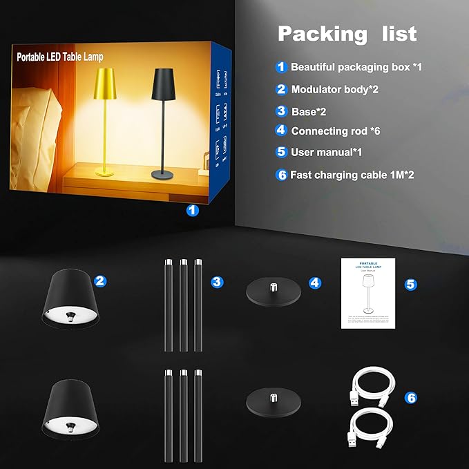 2-Pack Cordless Metal Table Lamp, 3 Adjustable Heights, 5400mAh Rechargeable Battery, 3 Colors Touch Dimming, Waterproof Portable Wireless Desk Lamp for Restaurant, Bedroom, Outdoor Patio