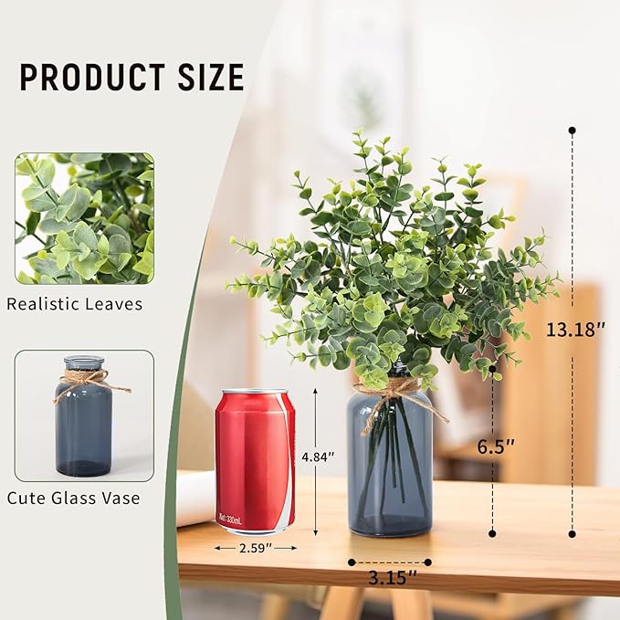 Leftover 8 PCS Faux Eucalyptus Stems in Black Glass Vase,Fake Plants Greenery Stems for Centerpiece Table Decorations,Fake Plants for Black Bathroom Decor(Sage Green)