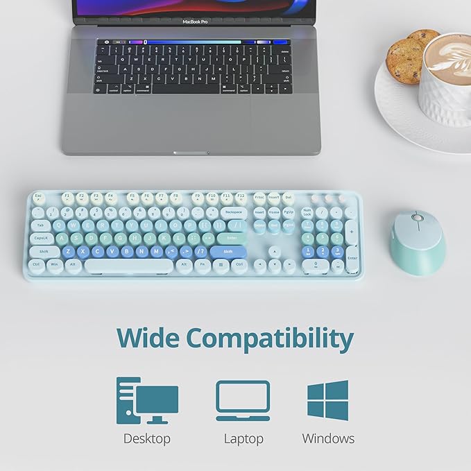 GTSP Cute Blue Keyboard and Mouse Wireless, Colorful Retro Typewriter Full-Size Aesthetic Office Keyboard 2.4GHz with Round Keycaps for Desktop Laptop and PC (Cute Blue)