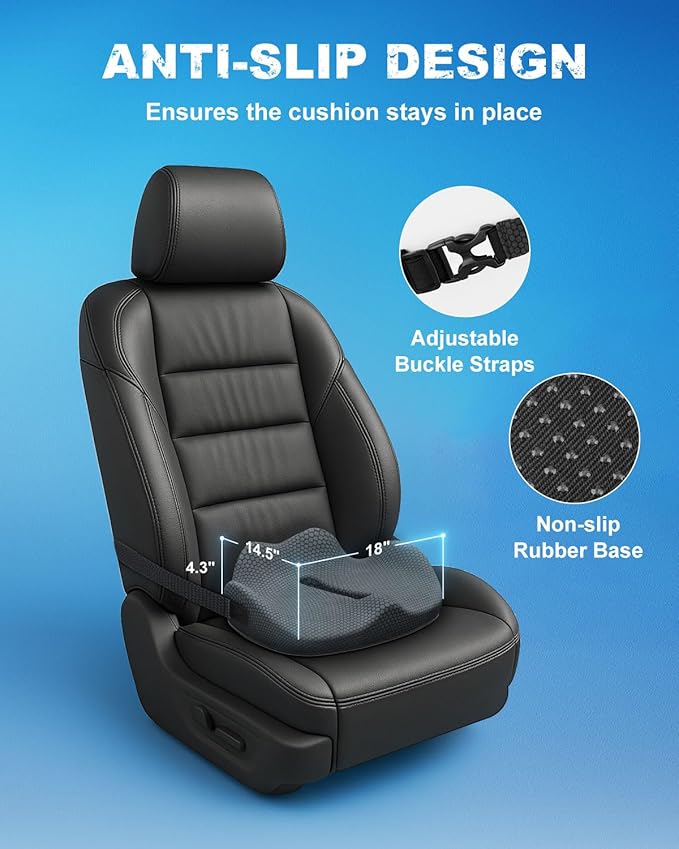 Memory Foam Truck Seat Cushion with TPE Gel Support, Truck Seat Cushion with Non-Slip Washable Cover for Back Support & Pain Relief During Long Drives(Dark Gray)