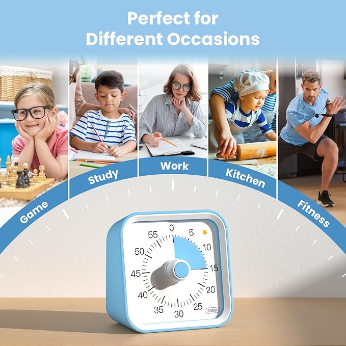 Visual Timer for Kids with Pause Function, 60 Minute Countdown Timer for Kids Desk Study, Teaching, Kitchen Cooking, Office Meetings, Time Management for ADHD (Blue)
