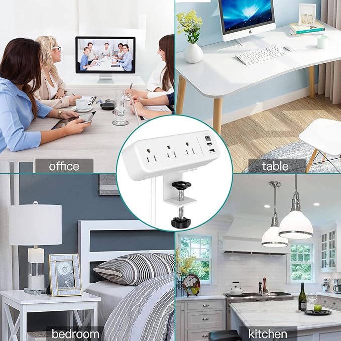 Desk Clamp Power Strip with USB C, 3 Outlets Desktop Mount Power Station with 6.5 ft Plug Extension Cord, White