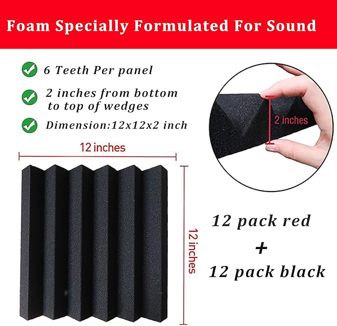 24 Pack Acoustic Panels,2" x 12" x 12"Sound Proof Foam Panels for Wall,Fireproof Absorbing Noise Cancelling Panels,to Absorb Noise and Eliminate Echoes. (12 red+12 black)