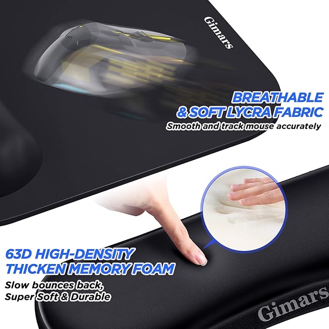 Gimars Elongate Smooth Lycra Fabric Ergonomic Mouse Pad Wrist Support, Gel Memory Foam Cushion Set Keyboard Wrist Rest Support, Pain Relieve for Computer, Laptop, Office, School, Home, Gaming, Black
