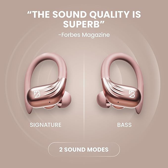 Rose Gold Wireless Running Earbuds for Women. Pink Bluetooth Sport Earbuds for Running, 80 Hour Long Battery Life Over the Ear with EarHooks, Wrap Around Ear buds with Microphone, Earphones