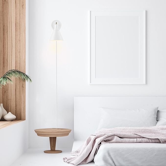 GLOBE Electric 65542 1-Light Plug-in or Hardwire Wall Sconce, Matte White, Brass Accent, Stepless Dimming Rotary Switch, Fabric Cord, Modern Lighting for Apartment or Renters, Home Decor