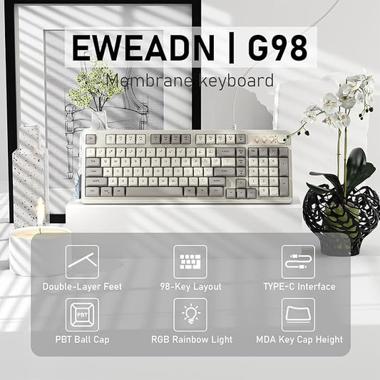 EWEADN G98 RGB Gaming Keyboard Wired, Retro Creamy Membrane Keyboards with Media Knob, Number Pad RGB Backlit, 98 Keys Quite Membrane Computer Keyboard for MAC Xbox PC Gamer - White&Grey