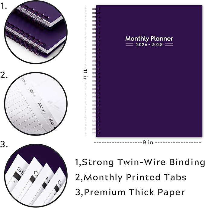 2026-2028 Monthly Planner - 3 Year Monthly Planner 2026-2028, Jan 2026 - Dec 2028, 9" x 11", 36-Month Calendar with Tabs - Purple