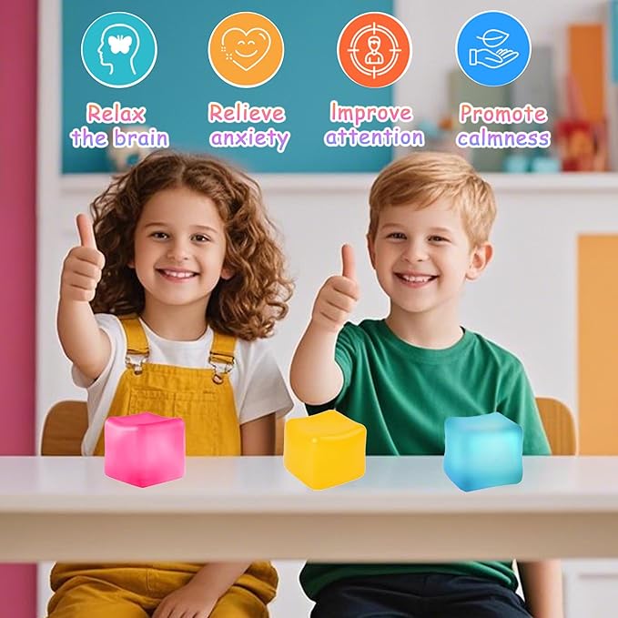 3Pcs Stress Cube Squishy Toys, Slow Rising Ice Cube Stress Balls, Sensory Fidget Toys for Anxiety Relief, Sensory Ice Nee Cube Gel Filled Squishy Ball Toys for ADD/ADHD Kids Adults(Blue, Pink, Orange)