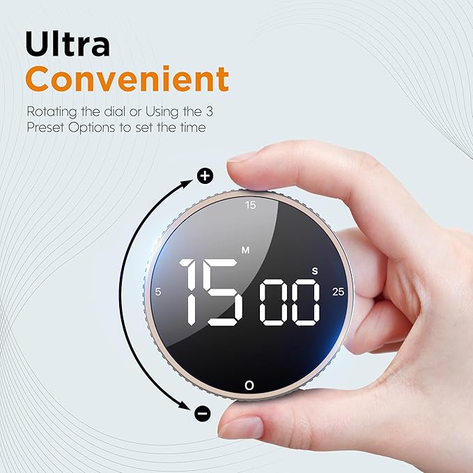 Upgrade Digital Kitchen Timer - Magnetic Countdown Countup Visual Pomodoro Timer with Large LED Display, 3-Preset Times (5, 15, 25), 3 Volume Levels, Ideal for Cooking, Baking and Fitness (1, Tarnish)