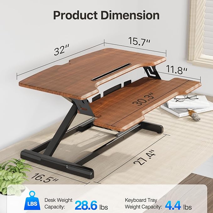 Standing Desk Converter 32 inch, Height Adjustable Sit Stand Desk Riser, Quick Sit to Stand Tabletop Dual Monitor Riser Workstation for Home Office with Keyboard Tray, Dark Wood