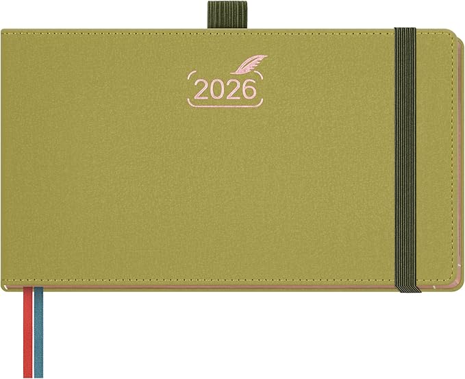 BEZEND Pocket Calendar 2026 Weekly and Monthly (6.5" x 3.75") Horizontal Planner with Vertical Hourly Timeslots, Bookmarks & Inner Pocket, Vegan Leather Hardcover - Mustard